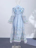 Women Puff Sleeve Dress Retro Floral Lace Dresses Ruffle Tiered Belted Clothes Waist Bohemian Holiday Maxi Gown Semmer Wear