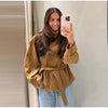 Elegant Suede Belt Women's Jacket Loose Full Sleeve Stand Collar Single Breasted Lace Up Jacket Female Autumn Coat
