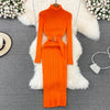 Turtleneck Sexy Wrap Hips Knitted Dresses Women Autumn Winter Long Sleeve Bodycon Sweater Dress with Belt
