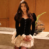 Women's Black Velvet Peplum Blouse Coat Cutout Puff Sleeve Button Front Elegant Party Long Sleeve Top Lady Outerwears