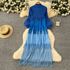 Tassel Patchwok Color Block Dress for Women Pleated Puff Sleeve Mid-calf Dresses Female Autumn