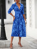 Elegant Random Print Button Down Shirt Dress Women's Long Sleeve Belted Waist Midi Dress Spring Fall Office Casual Dress