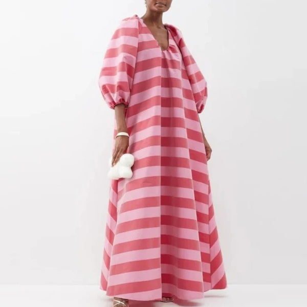 Elegant V-neck Puff Sleeve Long Dress Women's Striped Print Loose Swing Party Dress Casual High Waist Pleated Maxi Dress