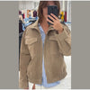 Brown Retro Suede Lapel Zippered Short Jackets Women's Casual Full Sleeves Pocket Loose Coats Spring Daily Commute Outwear