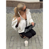 Beige Croc Leather Cropped Jacket Y2k Stand Collar Long Sleeve Wide Cuff Oversize Coat Autumn Street Daily Casual Outerwear