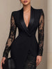 Sexy Deep V-neck Women Dress Black Sheer Lace Splicing Long Sleeve Dress Lapel Collar Slim Elegant Commuting Party Dresses