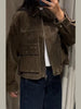 Vintage Turn-down Collar Suede Jackets Women Full Sleeve Breasted Pocket Coat Female Autumn Winter Chic Casual Wear