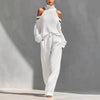 Boho Women's Two Piece Outfit Cold Shoulder Hollow Out Turtleneck Knit Sweater and High Waist Wide Leg Pants Casual Matching Set
