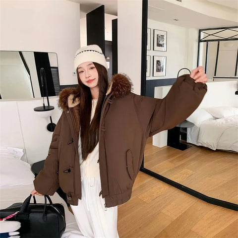 Warm Down jacket Ladies Pai Overcome Winter Cotton Padded Coat Women Parkas Horn Hooded Outcoat Big fur collar Overcoat
