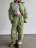 Women Vertical Striped 2‑Piece Winter Outfit Detachable Hood Puffer Jacket Drawstring Baggy Snow Pants Warm Matching Sets