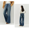 Women Jeans Belted Fleece Lined Flared Loose Fit Distressed Wash Vintage HighWaist Streetwear Denim Pants
