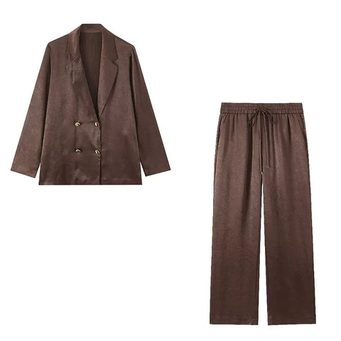 Spring Women Sets Wide Leg Pants Wrinkle Effect Oversize Office Jacket Coat Loose Blazer Suits OL Outfits
