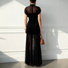 Elegant Sheer Maxi Dress Women High Neck Cap Sleeve Ruched Bodycon Mini Skirt Overlay Tulle Floor Length Evening Party Dress
