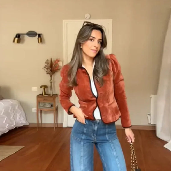 Casual Stand Collar Cropped Jacket Women Elegant Velvet Puff Sleeve Contrast Trim Coat Spring Chic Lady Streetwear
