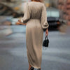 Elegant Women's Maxi Dress With Cross Neckline Folded Pleats Slit Bubble Sleeves Irregular Long Sleeves Dress Autumn