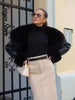 Black Fur Collar Leather Jacket Women Chic Solid Full Sleeves Waist Cinching V-neck Short Coat Lady High Street Outerwear
