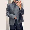 Women's Plaid Blazer Asymmetric Button Stand Collar Long Sleeve Pocket Detail Slim Fit Elegant Casual Office Outerwear