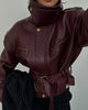 Beige Croc Leather Cropped Jacket Y2k Stand Collar Long Sleeve Wide Cuff Oversize Coat Autumn Street Daily Casual Outerwear