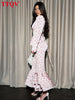 Slim Print Women's Dress Autumn V-Neck Long Sleeve Ankle Length Dresses Elegant Classic Pleated Female Dress