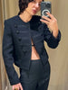 Retro Denim Military Short Jackets Women Chic Solid Stand Collar Single Breasted Slim Coat Lady Daily Street Outerwear