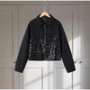 Black Sequined Jacket Lapel Neck Dull Sleeve Zipper Pocket Coat Spring Autumn Female High Street England Style Outewear