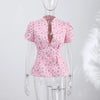 Elegant Printed Waist Cinched Women's Jackets Stand Collar Single Breasted Bubble Sleeve Blouses Summer Lady Commute Tops