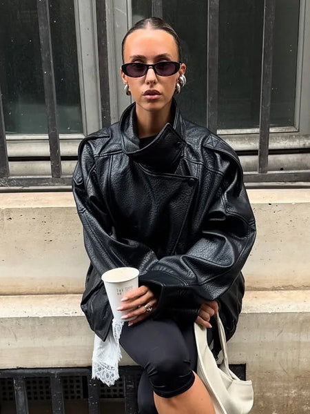 Women Autumn Jackets Asymmetric Button Pocket Long Sleeves Black Loose Zipper Jackets Female High Street Coats