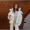 Shiny Hooded Cotton Jacket For Women Solid Long Sleeve Zipper Pockets Coats Lady Winter Street Warm Chic Outerwear