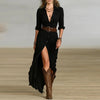 Woman Dresses French Retro V Neck Belted Slim Pleated Long Dress Autumn Single Breasted Long Sleeve Slit Bohemian Dress