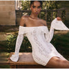 Vintage Hollow Out Floral Lace Off Shoulder Maxi Dress Women Flare Long Sleeve Slim Dresses Elegant Lady Party Robe