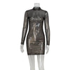 Mesh Dresses For Women Sexy Clubwear Long Sleeves Turtleneck Skinny See Through Hip Wrap Mini Vestidos Robes Female Fit