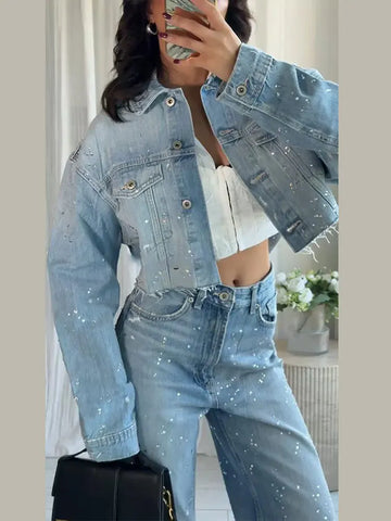 Denim Rhinestone Jacket Jeans Suits Women Single Breasted Lapel Short Coat Straight Pants Female Sets Autumn Street Casual
