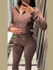 Zipper Plush Jacket Long Pants Lady Set Solid Color Lapel Jackets High Waist Slim Bell-Bottom Trousers Casual Women's Sets