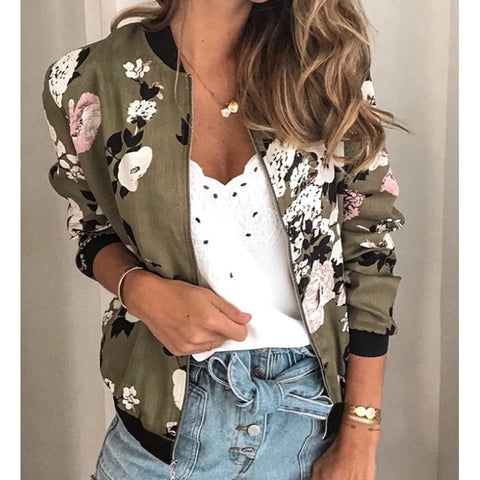 Women Elegant Zipper Jacket Spring Autumn Floral Printed Jackets Office Wear Slim Office Coat Retro Outwear