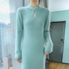 Women' 100%Pure Mink Cashmere Dress Stand-Up Collar Buckle Slim Knit Long Skirt High Waist Over The Knee Bottoming Dress