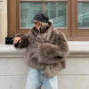 Women Solid Faux Fur Coat Elegant Lapel Collar Long Flare Sleeve Loose Jackets Winter Warm Female Chic High Street Outerwear