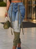 Women High Waist Skinny Jeans Patchwork Spliced Ribbon Decor Cargo Pocket Slim Denim Pants Autumn