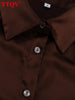 Loose Brown Satin Women's Two Pieces Set Elegant Long Sleeve Shirt With High Waist Wide Pants Set FemalaCla