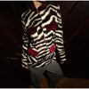 Zebra Striped Faux Fur Jacket Women Stand Collar Burgundy Velvet Patch Pocket Single Breasted Coat Autumn Street Jackets