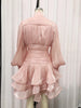 Elegant Pink High Neck Organza Fabric Mini Dresses for Women Puff Sleevs Ruched Waist Tiered Ruffles for Cocktail Parties