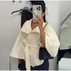 Chic Solid Woolen Cropped Cloak Coats With Belt Women Autumn Stand Collar Long Sleeve Jacket Elegant Street Outerwear