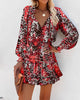 Women's Long Sleeve Mini Dress V-neck Drawstring Leopard Printed Waist Tied Dress Elegant Office Lady Dresses For Women