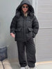 Print Hooded Puffer Coat Set Women Quilted High Neck Full Sleeve Zip Pockets Jacket Wide Leg Pants Winter Warm Sets