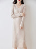 Women Pure Wool Sweater Dresses Long Sleeve Purllover 100% Merino Wool V-neck Knitwear Spring Autumn Grace Striped Dresses