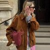 Women's Bomber Jacket Autumn Suede Crop Outerwears Khaki Darkkhaki Coats Coats & Jackets Chic Long Sleeve Tops