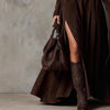 American Retro Suede Leather Split Hem Dress for Women's Long Sleeve Turtleneck Solid Elegant Sexy Fit and Flare Long Dress