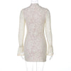 Lace Hollow Out Long Sleeve Sexy Mini Dress For Women Half High Collar Bodycon Club Party Dress Elegant Dresses