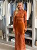 Elegant Women High Neck Lace Satin Patchwork Maxi Dress Long Sleeve Hollow Back Mermaid Hem Female Wedding Guest Party Dress