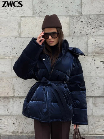 Warm Glossy Hooded Lace-up Cotton Coats Women's Casual Zipper Bottons Belted Overcoat Winter Female Solid Streetwear