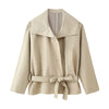 Belted Waist Cropped Trench Double Breasted Stand Collar Autumn Chic Elegant Women Coat Casual Vintage Office Lady Jacket